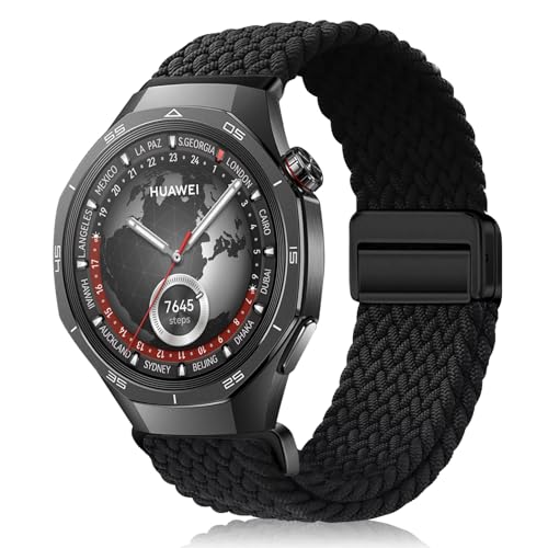 MokaZii 22mm Nylon Armband Kompatibel mit Huawei Watch GT5 Pro 46mm/ GT5 46mm/ GT4 46mm/ GT 3/ Watch 4/Watch 4 Pro 48mm, Elastic Adjustable Sport Uhrenarmband für Huawei Watch 3 Pro (Schwarz) von MokaZii
