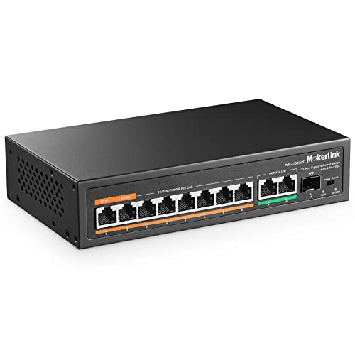 MokerLink 11 Port Gigabit PoE-Switch mit 8 PoE+ Port, 2 Gigabit Uplink, 1 SFP Port, 120W AI Erkennung, Qos, Plug & Play Netzwerk Switch ohne Lüfter von MokerLink