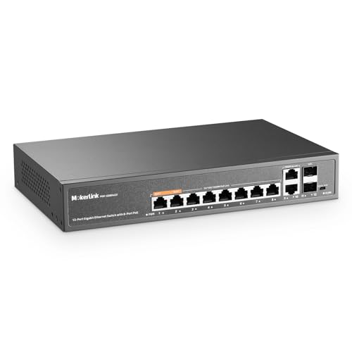 MokerLink 12 Port Gigabit PoE Switch mit 8 PoE+ Port, 2 Gigabit Uplink, 2 SFP Port, 120W AI Detection, Qos & Extend, lüfterloser Metall Plug & Play Unmanaged Netzwerk Switch von MokerLink