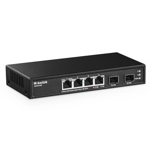 MokerLink 4 Port 2.5G Ethernet Switch mit 2 Port 10G SFP+ Slot, 4 x 2.5G Base-T Ports kompatibel mit 10/100/1000Mbps, Metall Unmanaged Fanless Small Network Switch von MokerLink