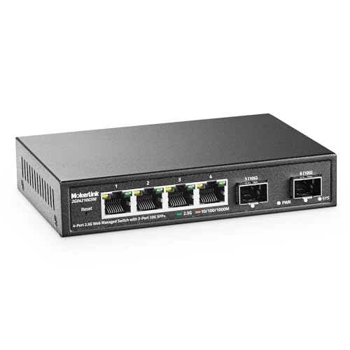 MokerLink 4 Port 2.5G Managed Ethernet Switch mit 2x10G SFP, 4 x 2.5G Base-T Ports kompatibel mit 10/100/1000Mbps, Metall Web Managed lüfterloser Netzwerk Switch von MokerLink