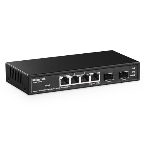 MokerLink 4 Port 2.5G Managed Switch mit 2 Port 10G SFP+ Slot, 4 x 2.5Gigabit Base-T Ports kompatibel mit 10/100/1000Mbps, Mini Size Metal Web Managed Fanless Network Switch von MokerLink