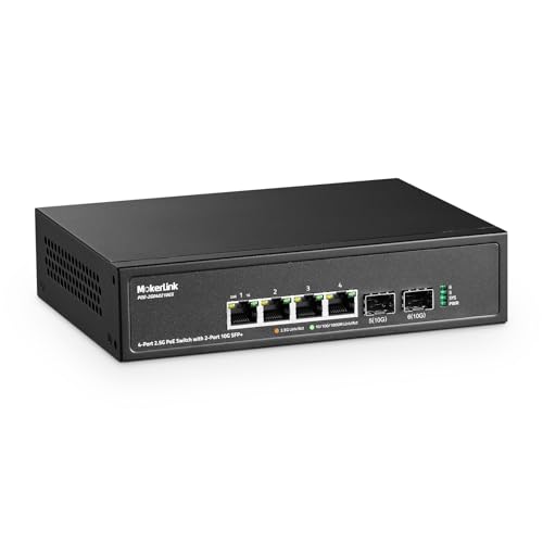 MokerLink 4 Port 2.5G PoE Switch mit 2 Port 10G SFP+ Slot, 4 x 2.5G Base-T Ports kompatibel mit 10/100/1000Mbps, IEEE8023af/at PoE 78W, Metall Unmanaged Fanless Small Network Switch von MokerLink