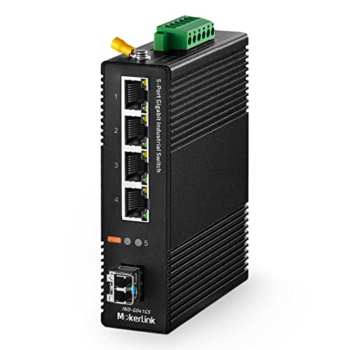 MokerLink 5 Port Gigabit Industrie DIN Schienen Netzwerk Switch, 4 Gigabit Ethernet, 1 Gigabit SFP Steckplatz mit 20km LC Modul, IP40 bewerteter Netzwerk Switch (-40 bis 185 °F), mit Netzteil von MokerLink