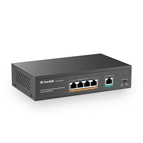 MokerLink 5 Port Gigabit POE Switch, with 4 Port POE+ 1000Mbps, 78W IEEE802.3af/at, Unmanaged Plug and Play, Stabiler Metal, Lüfterlos von MokerLink