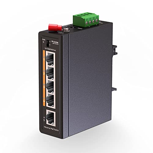 MokerLink 5 Port PoE+ Industrieller DIN-Schienen-Switch, 4 Ports PoE+ IEEE802.3af/at, 1 Uplink, 10/100 Mbit/s Fast Ethernet, DIN-Schiene und Wandhalterung enthalten von MokerLink