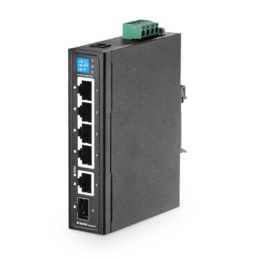 MokerLink 6 Port Industrial Din Rail Gigabit Switch, 4 x 100/1000Mbps Ports und 1 Gigabit Uplink, 1 Gigabit SFP, Metall DIN-Schiene & Wandmontage Ethernet Switch von MokerLink