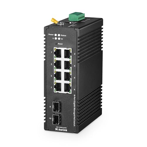 MokerLink 8 Port Gigabit PoE Industrial DIN-Rail Ethernet Switch Managed, 2 SFP Ports, IEEE802.af/at 96W PoE+ Power, Web L2+ Managed IP40 Netzwerk Switch, mit Netzteil von MokerLink