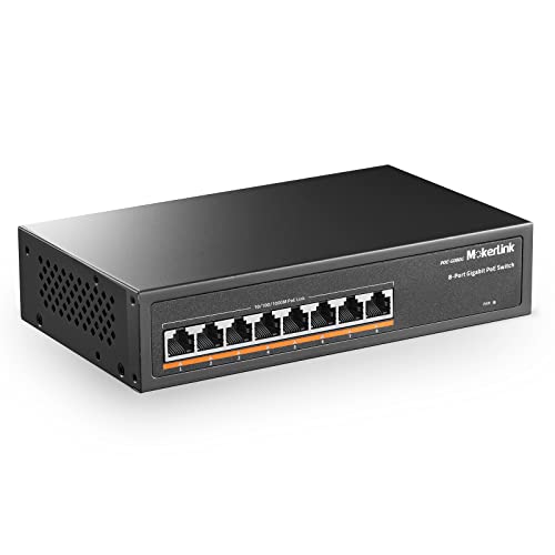 MokerLink 8 Port Gigabit PoE Switch, 8 PoE+ Ports 1000Mbps, 802.3af/at 120W, Unmanaged Plug and Play, Robustes Metall Ohne Lüfter von MokerLink