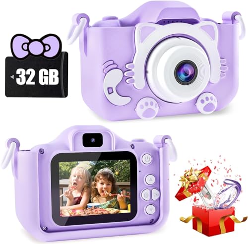 Kinderkamera, 1080P Digitalkamera für Kinder, 5,1 cm IPS-Bildschirm, Dual-Objektiv-Digitalkamera mit 32 GB SD-Karte und Kartenleser (Lila) von Mokeum