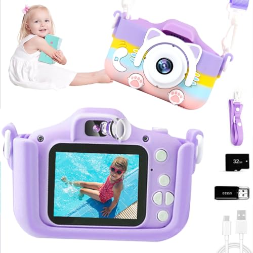 Kinderkamera, 1080P Digitalkamera für Kinder, 5,1 cm IPS-Bildschirm, Dual-Objektiv-Digitalkamera mit 32 GB SD-Karte und Kartenleser (Regenbogen Lila) von Mokeum