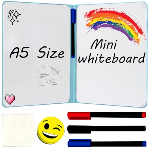 Klein Whiteboard: A5 24 x 16.5cm Tragbar White board mit Ständer Kinder Whiteboard Notizbuch Tafel Abwischbar Whiteboard mit 3 Whiteboard Stifte 1 Whiteboard Schwamm und 1 Whiteboard Tuch (Blau) von Molbory