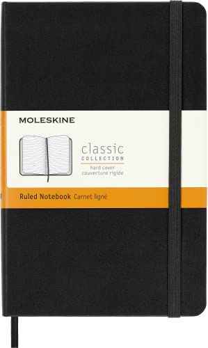 Moleskine Klassisches liniertes Notizbuch, harter Umschlag und elastischer Verschluss, Farbe Schwarz, mittlere Größe 11,5 x 18 cm, 208 Seiten von Moleskine