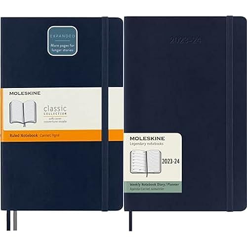 Moleskine Notizbuch Classic Expanded + Moleskine Wochenplaner 2023-2024, Notizbuch mit Linien und weicher blauer Abdeckung 13x21cm, 18-Monats-Agenda mit weicher blauer Abdeckung 13x21cm von Moleskine
