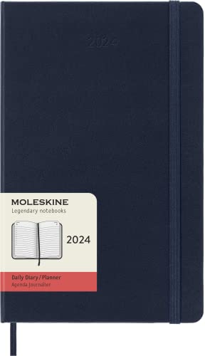 Moleskine Tagesplaner, 12 Monate 2024, Agenda 2024, Large 13x21, Hardcover mit Gummizugverschluss, Farbe Saphirblau von Moleskine
