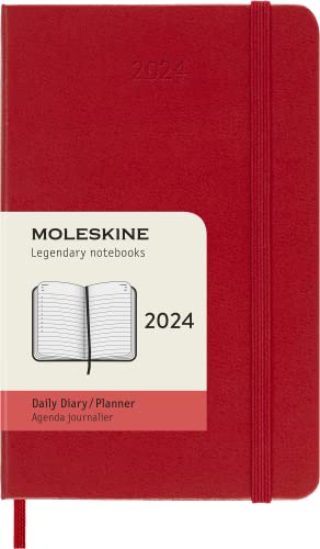 Moleskine Tagesplaner, 12 Monate 2024, Agenda 2024, Pocket 9x14, Hardcover mit Gummizugverschluss, Farbe Kaminrot von Moleskine