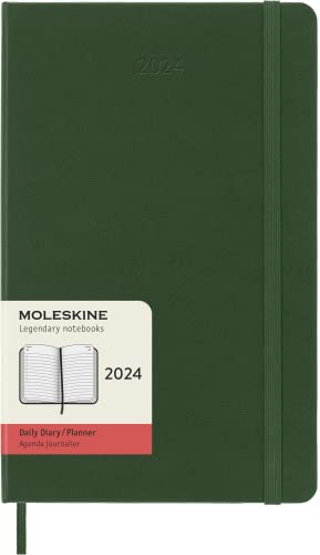 Moleskine Tagesplaner , 12 Monate 2024, Agenda 2024, Large 13x21, Hardcover mit Gummizugverschluss, Farbe Myrtegrün von Moleskine