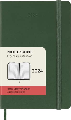Moleskine Tagesplaner , 12 Monate 2024, Agenda 2024, Pocket 9x14, Hardcover mit Gummizugverschluss, Farbe Myrtegrün von Moleskine
