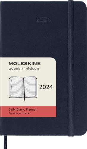 Moleskine Tagesplaner , 12 Monate 2024, Agenda 2024, Pocket 9x14, Hardcover mit Gummizugverschluss, Farbe Saphirblau von Moleskine