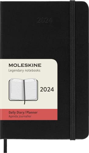 Moleskine Tagesplaner , 12 Monate 2024, Agenda 2024, Pocket 9x14, Hardcover mit Gummizugverschluss, Farbe Schwarz von Moleskine