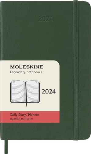 Moleskine Tagesplaner , 12 Monate 2024, Agenda 2024, Pocket 9x14, Softcover mit Gummizugverschluss, Farbe Myrtegrün von Moleskine