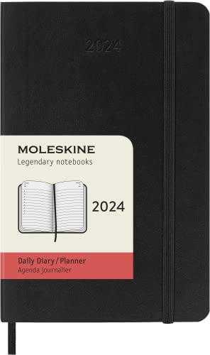 Moleskine Tagesplaner , 12 Monate 2024, Agenda 2024, Pocket 9x14, Softcover mit Gummizugverschluss, Farbe Schwarz von Moleskine