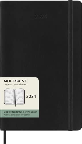 Moleskine Wochenplaner Horizontal, 12 Monate 2024, Agenda 2024, Large 13x21, Softcover mit Gummizugverschluss, Farbe Schwarz von Moleskine