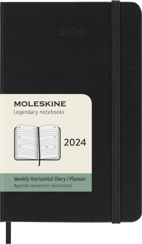 Moleskine Wochenplaner Horizontal, 12 Monate 2024, Agenda 2024, Pocket 9x14, Hardcover mit Gummizugverschluss, Farbe Schwarz von Moleskine