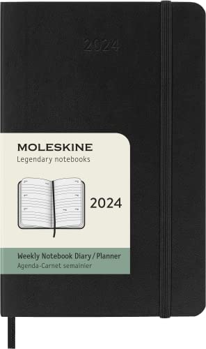 Moleskine Wochenplaner Horizontal, 12 Monate 2024, Agenda 2024, Pocket 9x14, Softcover mit Gummizugverschluss, Farbe Schwarz von Moleskine