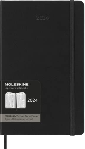 Moleskine Wochenplaner Vertikal Pro, 12 Monate 2024, Agenda 2024, Large 13x21, Hardcover mit Gummizugverschluss, Farbe Schwarz von Moleskine