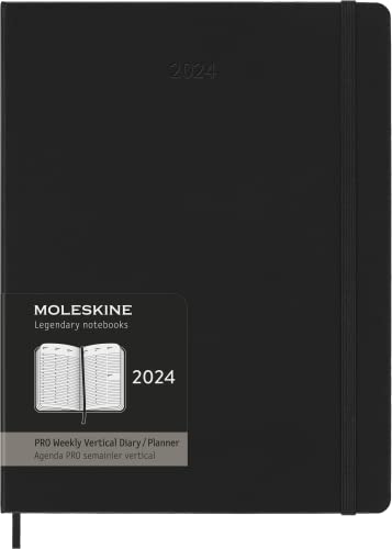 Moleskine Wochenplaner Vertikal Pro, 12 Monate 2024, Agenda 2024, XL 19x25, Hardcover mit Gummizugverschluss, Farbe Schwarz von Moleskine