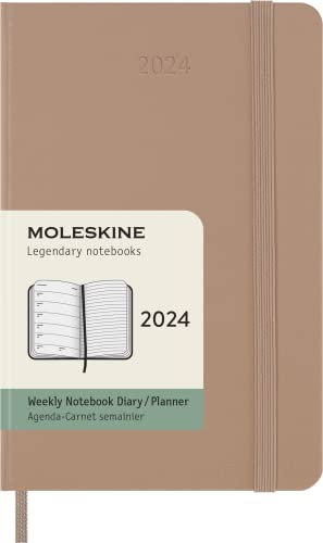 Moleskine Wochenplaner mit Platz für Notizen, 12 Monate 2024, Agenda 2024, Pocket 9x14, Hardcover mit Gummizugverschluss, Farbe Sandbraun von Moleskine