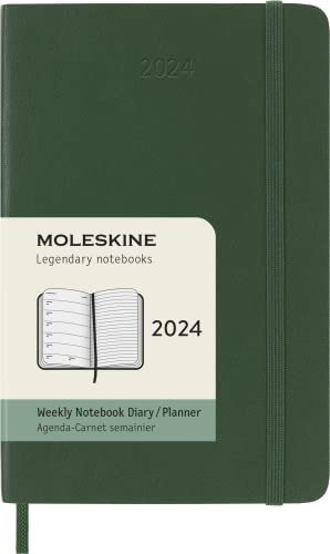 Moleskine Wochenplaner mit Platz für Notizen, 12 Monate 2024, Agenda 2024, Pocket 9x14, Softcover mit Gummizugverschluss, Farbe Myrtegrün von Moleskine