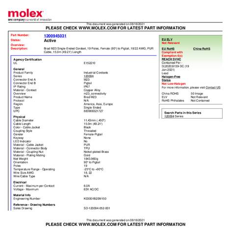 Molex 1200945031 Sensor-/Aktor-Steckverbinder, konfektioniert Buchse 15.00m Polzahl: 19 1St. von Molex