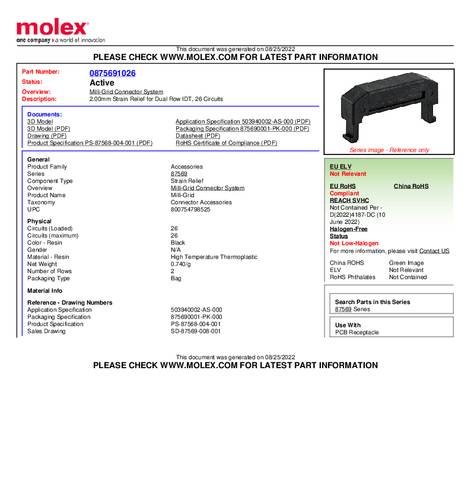 Molex 875691026 Zugentlastung Polzahl Gesamt: 26 Anzahl Reihen: 2 Bulk von Molex