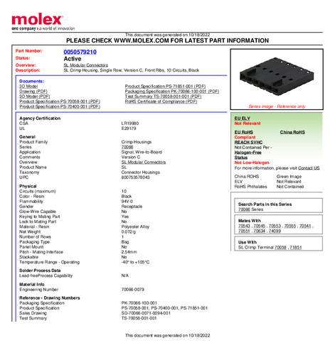 Molex Buchsengehäuse-Kabel Polzahl Gesamt 10 50579210 Bulk von Molex