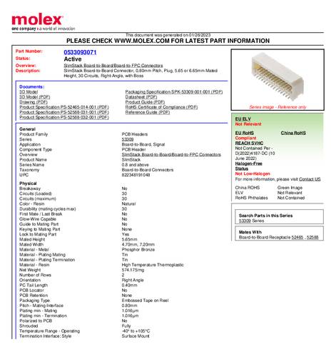 Molex Einbau-Stiftleiste (Standard) Polzahl Gesamt 30 Rastermaß: 0.80mm 533093071 Tape on Full reel von Molex