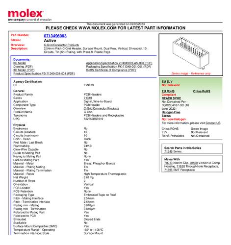 Molex Stiftleiste (Standard) Rastermaß: 2.54mm 713496003 Tape on Full reel von Molex