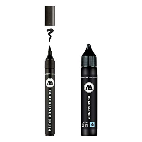 Molotow Blackliner Brush and Refill (1x Blackliner Brush mit Pinselspitze & 1x Refill 30ml, hochpigmentierte, permanente, dokumentenechte Tinte) schwarz von Molotow