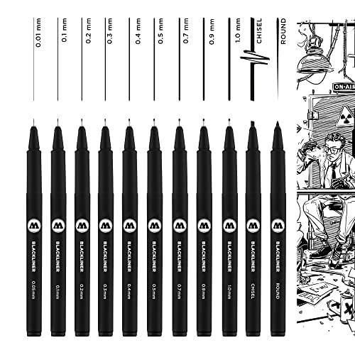 Molotow Blackliner Complete 11er Set (Strichstärke 0,05 mm bis 1,0 mm, Keilspitze und Rundspitze, Fineliner mit permanenter, dokumentenechter Tinte) 11 Stück schwarz von Molotow