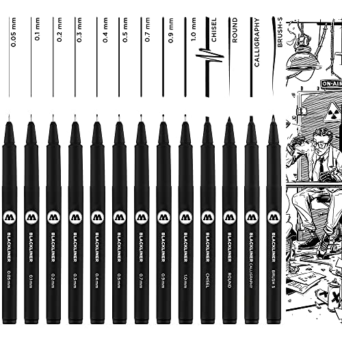 Molotow Blackliner Complete 13er Set (Strichstärke 0,05 mm bis 1,0 mm & spezielle Spitzen, Fineliner mit permanenter, dokumentenechter Tinte) 13 Stück schwarz von Molotow