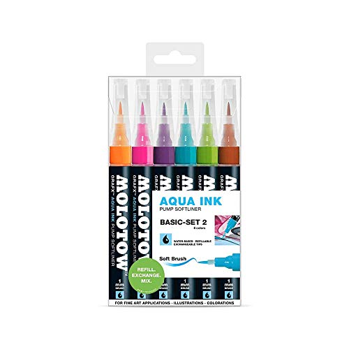 Molotow Grafx Aqua Ink Pump Softliner (Marker Basic-Set 2, Strichstärke 1 mm, für Aquarelle und Kalligrafie) 6 Stück sortiert von Molotow