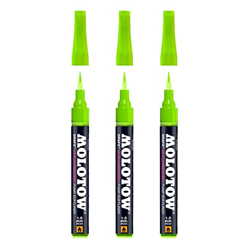 Molotow Grafx UV-Fluorescent Pump Softliner (stark UV fluoreszierende Spezial Tinte auf Alkoholbasis, 1 mm Pinselspitze) 3 Stück in der Farbe 002 grün von Molotow
