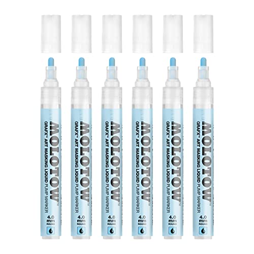 Molotow Masking Liquide Pump Marker 4 mm (Stift mit Maskierflüssigkeit, rückstandslos entfernbar, für fast alle Untergründe) blau abgetönt, 6 Stück von Molotow