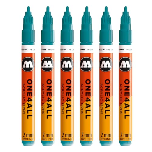 Molotow One4All 127HS Acryl Marker (2,0 mm Strichstärke, hochdeckend und permanent, schnell trocknend, nachfüllbar, für fast alle Untergründe) 6 Stück Farbe 255 aqua von Molotow