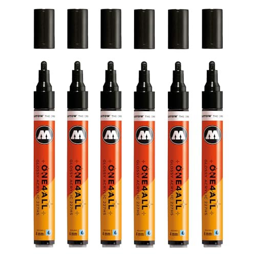 Molotow One4All 227HS Acryl Marker Glossy (4,0 mm Strichstärke, hochglanz, hochdeckend und permanent, schnell trocknend, nachfüllbar, für fast alle Untergründe) 6 Stück Farbe 252 glossy black von Molotow