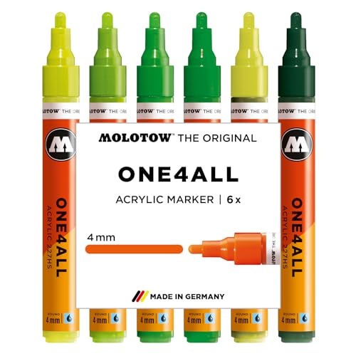 Molotow One4All 227HS Acryl Marker Green Set (4,0 mm Strichstärke, hochdeckend und permanent, schnell trocknend, nachfüllbar, für fast alle Untergründe) 6 Stück sortiert von Molotow