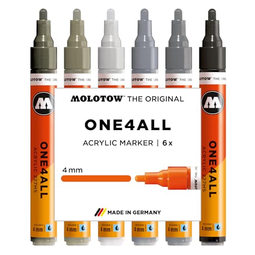 Molotow One4All 227HS Acryl Marker Grey Set (4,0 mm Strichstärke, hochdeckend und permanent, schnell trocknend, nachfüllbar, für fast alle Untergründe) 6 Stück sortiert von Molotow
