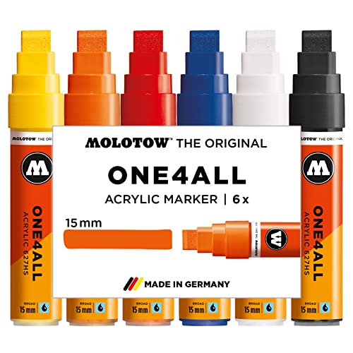 Molotow One4All 627HS Acryl Marker Basic-Set 1 (15,0 mm Strichstärke, Blockspitze, hochdeckend und permanent, UV-beständig, für fast alle Untergründe) 6 Stück sortiert von Molotow