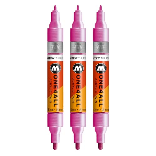 Molotow One4All Acrylic Twin Marker (1,5 und 4,0 mm Strichstärke, hochdeckend und permanent, schnell trocknend, nachfüllbar, für fast alle Untergründe) 3 Stück Farbe 225 metallic pink von Molotow